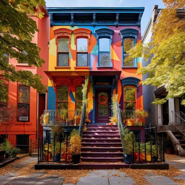 Photo colorful houses in the autumn season on a city street