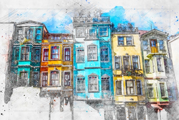 Colorful houses of Balat district Istanbul Hand made watercolor sketch