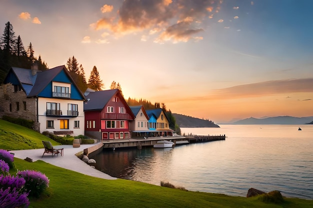 colorful houses by the water at sunset