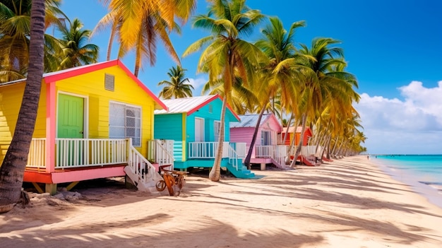 Colorful houses on Catalina beach dominican republic with palm trees Generative AI illustrator