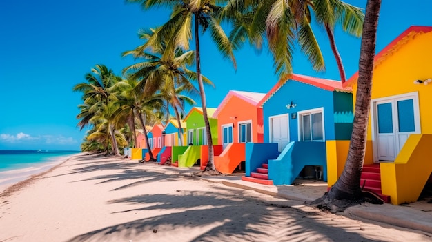 Colorful houses on Catalina beach dominican republic with palm trees Generative AI illustrator