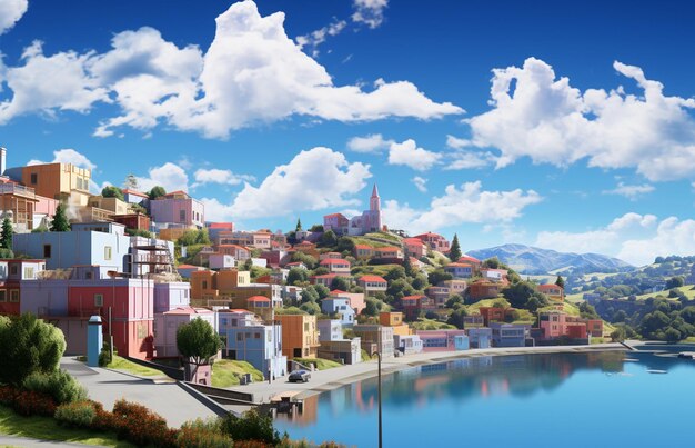 Colorful houses on the hillside and blue sky with white clouds