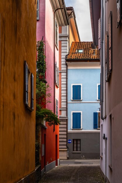 Colorful houses lined along a picturesque cobbled alley in locarno old town switzerland