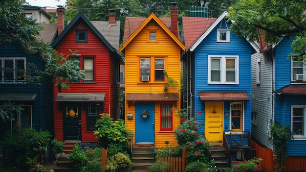 Colorful Houses Lining the Neighborhood Street