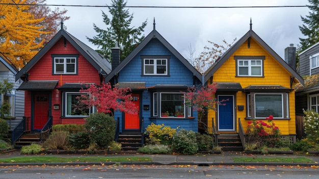 이웃 거리 를 가로지르는 다채로운 집 들