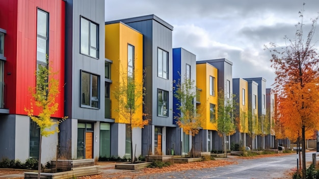 Photo colorful houses on suburban neighborhood street on a sunny day