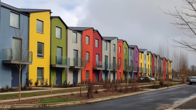 Colorful houses on suburban neighborhood street on a sunny day