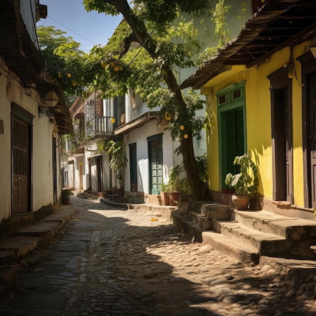 Colorful houses and a tall tree in a vibrant AfroColombian setting