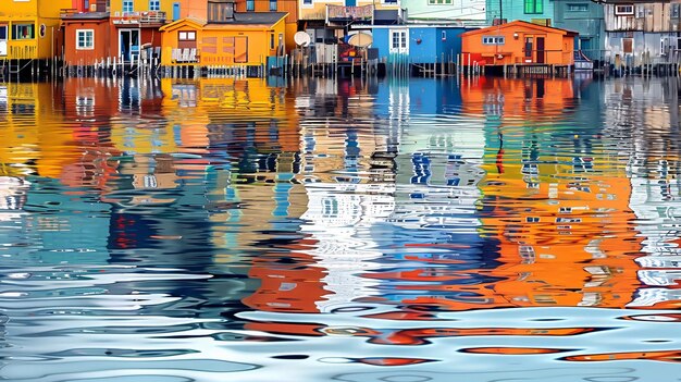 Photo colorful houses that are reflected in the water of a lake