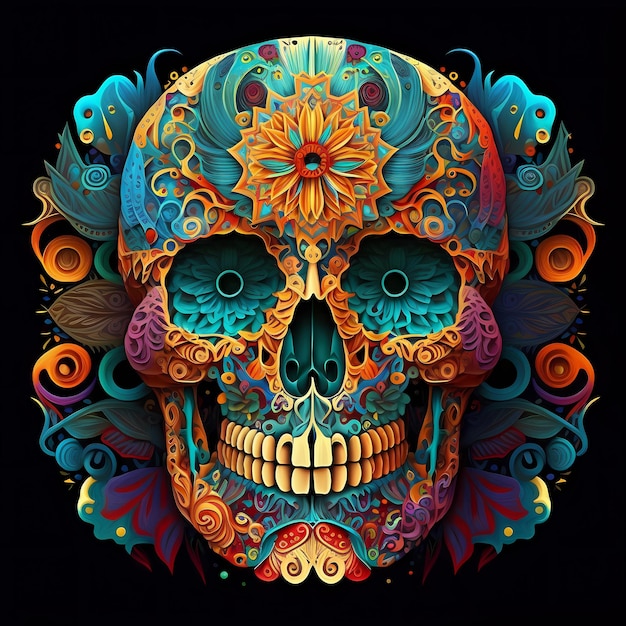 Colorful human skull floral ornament design illustration