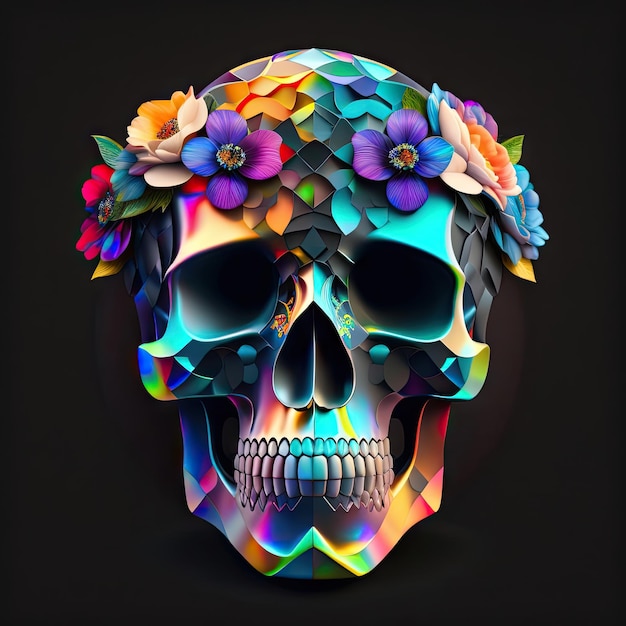 Colorful human skull with iridescent mosaic tiles floral decoration on black background