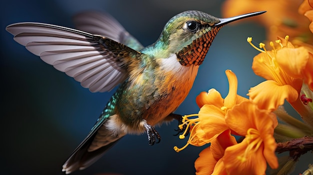 Colorful_humming_bColorful humming bird over flowers