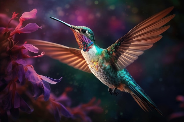 Colorful hummingbird amidst the vibrant flowers generative IA