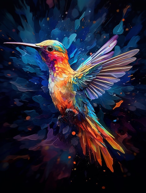 Colorful hummingbird bathed in splash of colors