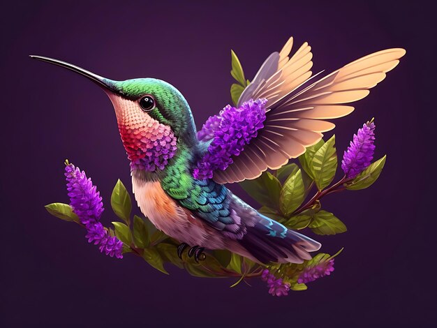 Photo colorful hummingbird flying in the tree branch over the flower logo illustration mascot