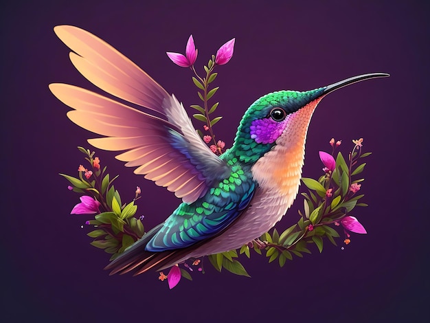 Foto colibrì colorato che vola nel ramo dell'albero sopra la mascotte dell'illustrazione del logo del fiore