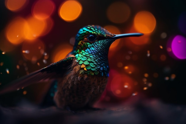 Colorful hummingbird sitting on the branch with bokeh background