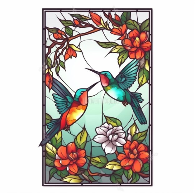 A colorful hummingbird stained glass window with flowers and leaves generative ai