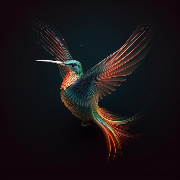 a colorful hummingbird with colorful feathers is flying in the air.