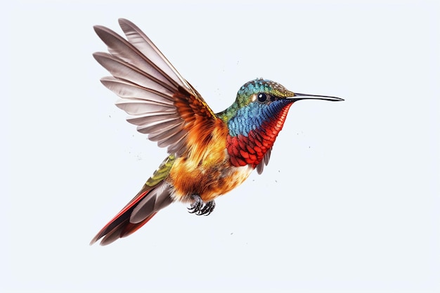 A colorful hummingbird with a long beak is flying.