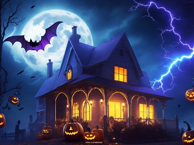 Colorful hyperrealistic Halloween scary bat home lightning with pumpkin