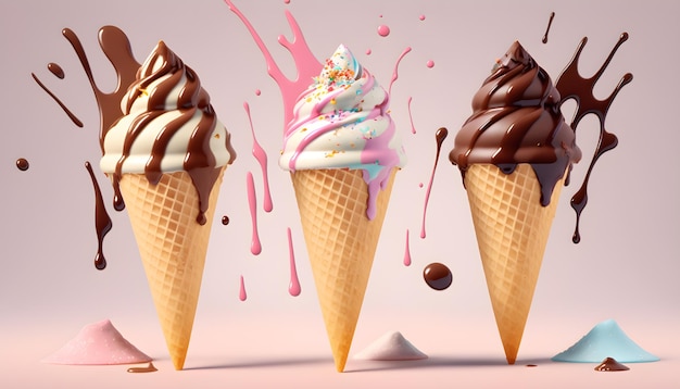 다채로운 아이스크림 배경과 역동적인 시럽