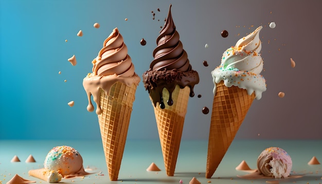 다채로운 아이스크림 배경과 역동적인 시럽