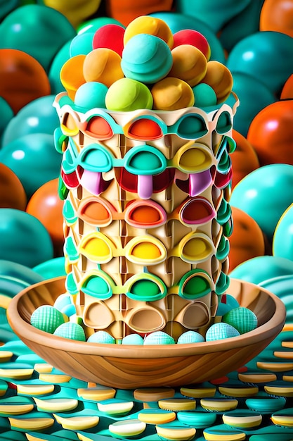 A colorful ice cream cone is surrounded by many other objects.