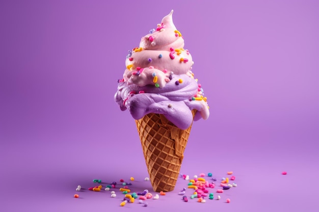 Colorful ice cream cone on purple background Generative AI