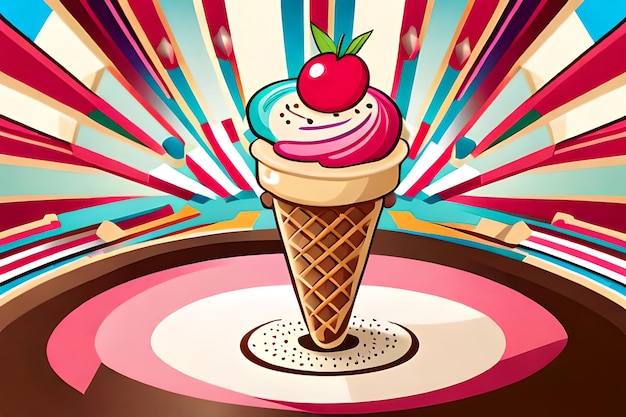 A colorful ice cream cone with a cherry on top.