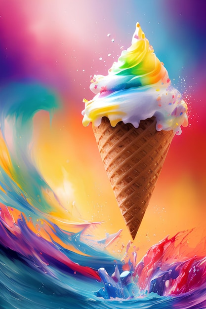 A colorful ice cream cone with a colorful ice cream cone on top.