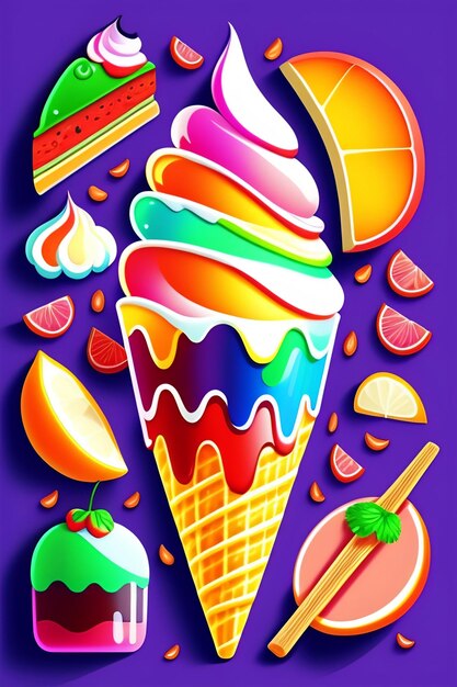 A colorful ice cream cone with different flavors of fruit and ice cream