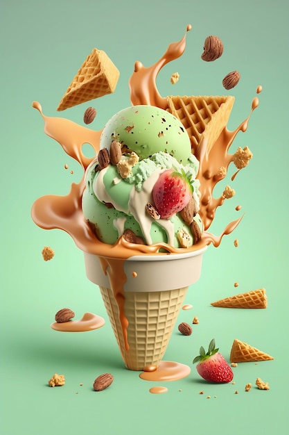 Colorful ice cream in cone with fruits on green background