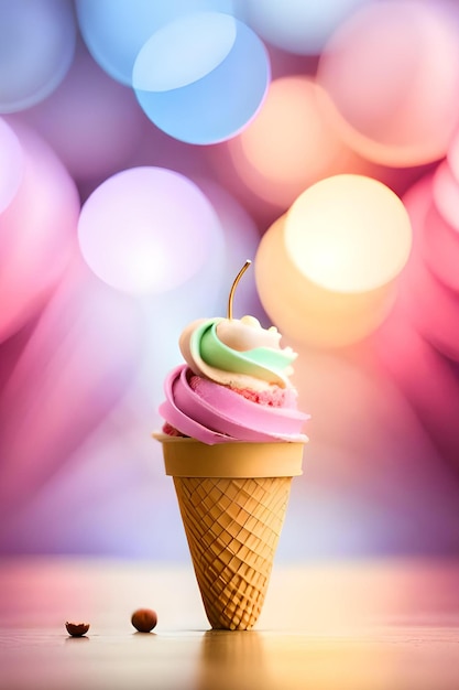 A colorful ice cream cone with a heart on the top.