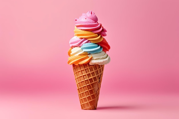 A colorful ice cream cone with a pink background