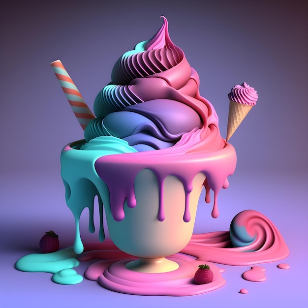 A colorful ice cream cone with pink and blue colors is in a 3d illustration.