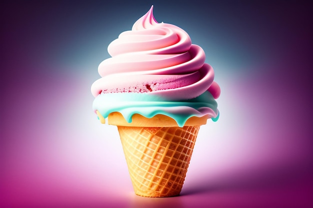 A colorful ice cream cone with pink icing on top.