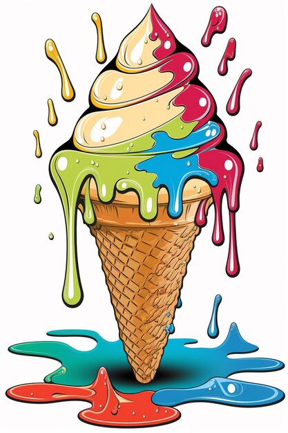 A colorful ice cream cone with a rainbow colored ice cream on it.