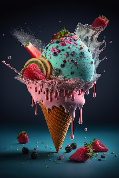 A colorful ice cream cone with a splash of liquid and a strawberry on it.