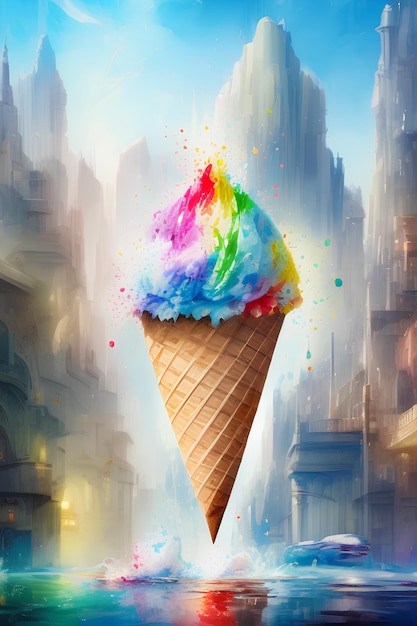 Красочный конус мороженого со словом мороженое на нем.