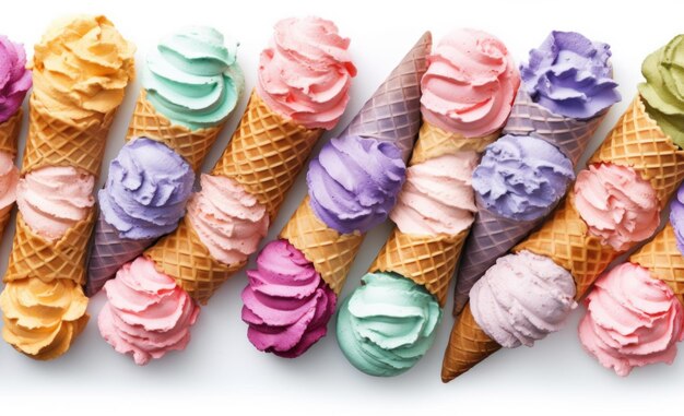 Colorful ice cream cones isolated on a white background