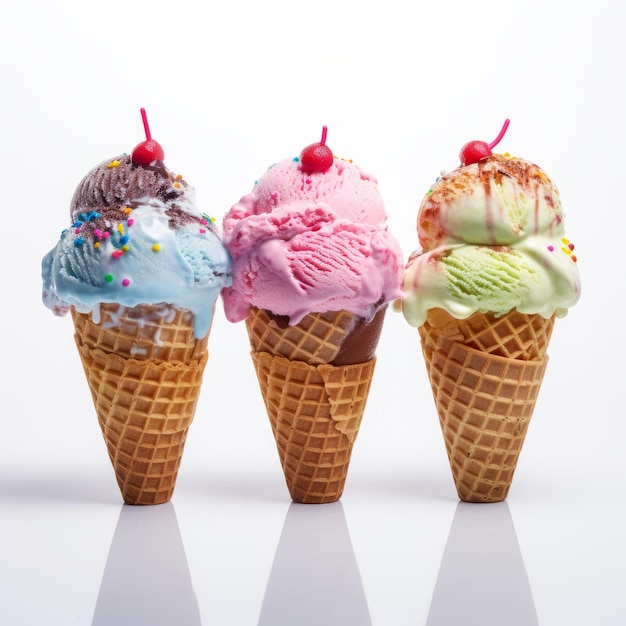 Colorful Ice Cream Cones On White Background
