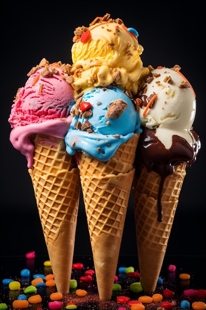 colorful ice cream cones with toppings