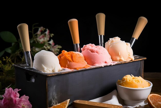 Colorful ice cream in dark interior design