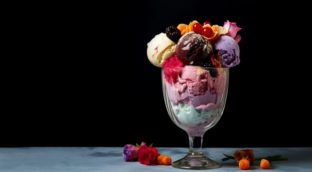Photo colorful ice cream in glass bowl on table on black background