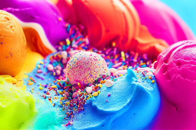 Colorful ice cream rainbow with topping for food background