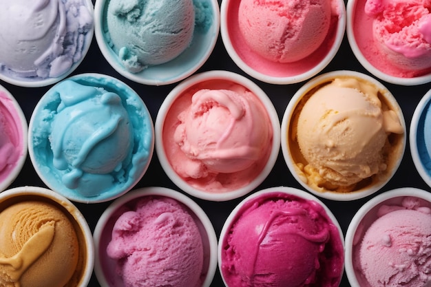 Colorful ice cream scoops of different colors and flavors on a blue background with AI generated