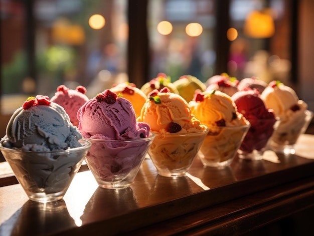 Colorful ice cream scoops in glass bowl on wooden table