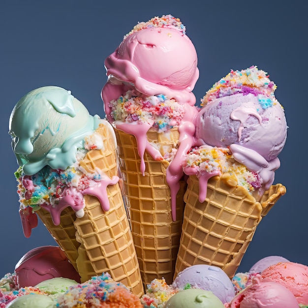 Colorful Ice cream scoops in a waffle cone