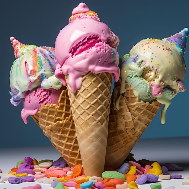 Colorful Ice cream scoops in a waffle cone